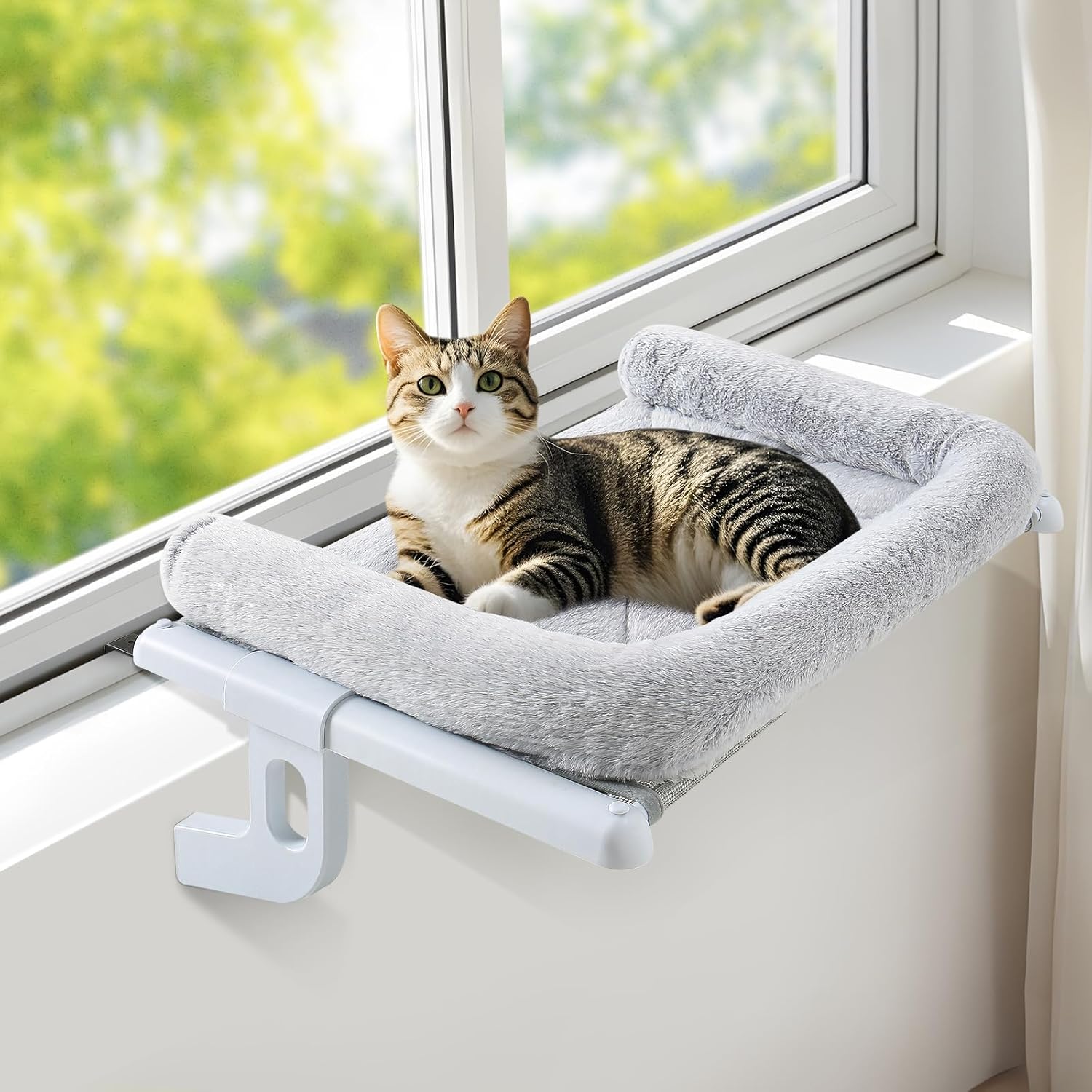 GUUSII HOME Hamak dla kota na okno Podwyższone legowisko parapetowe Wiszące posłanie dla dużych kotów Mocowanie bez wierlenia Można prać w pralce Nośność 18 kg 56x38 cm (Biały, S) - obrazek 3