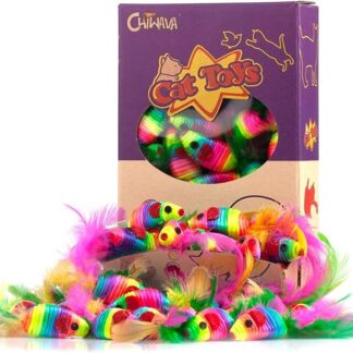 CHIWAVA Grzechotka dla kota 12,5 cm, zabawki z piórami, tęczowa lina, myszy, kotek, interaktywna zabawka, różne kolory, 24 szt