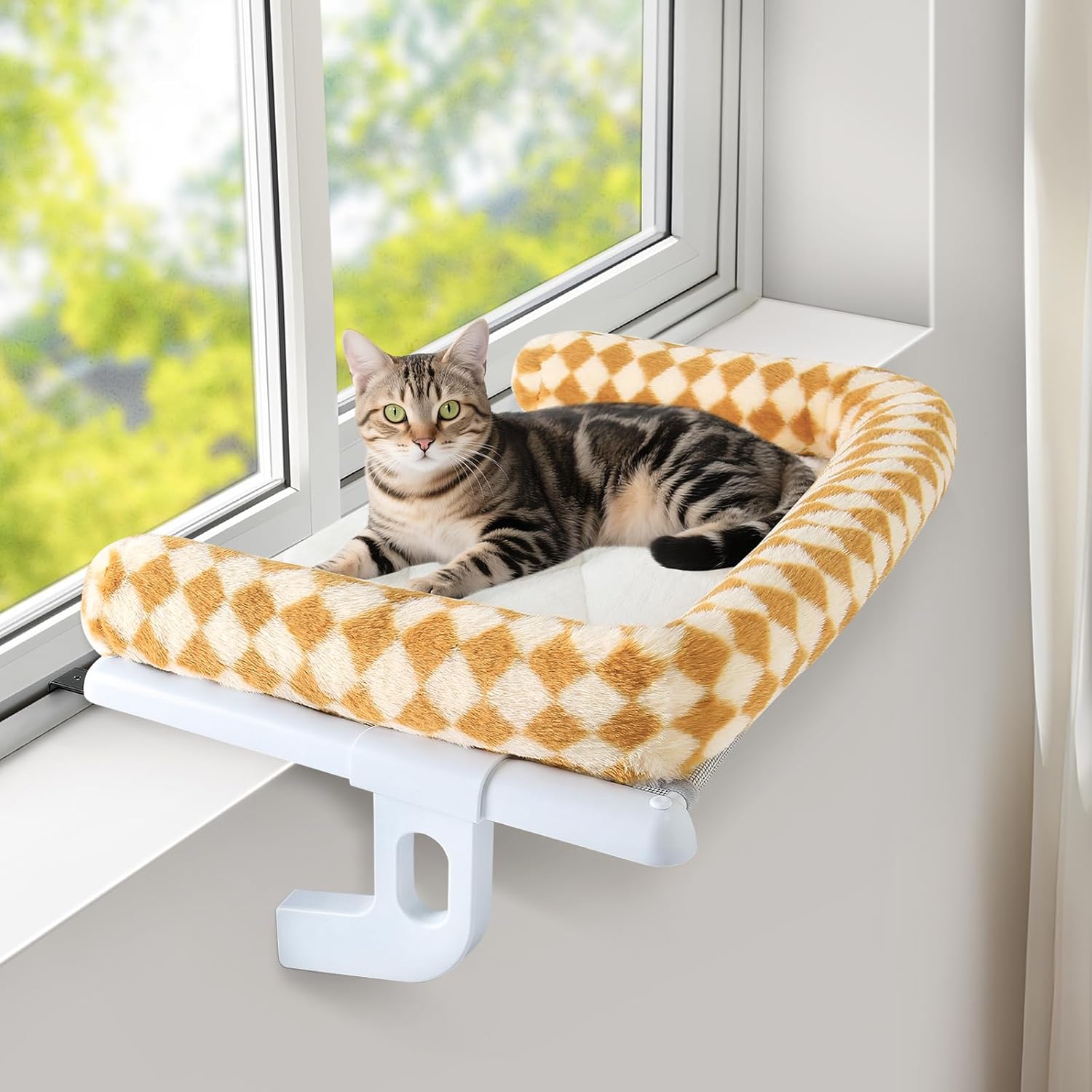GUUSII HOME Hamak dla kota na okno Podwyższone legowisko parapetowe Wiszące posłanie dla dużych kotów Mocowanie bez wierlenia Można prać w pralce Nośność 18 kg 56x38 cm (Biały, S) - obrazek 4