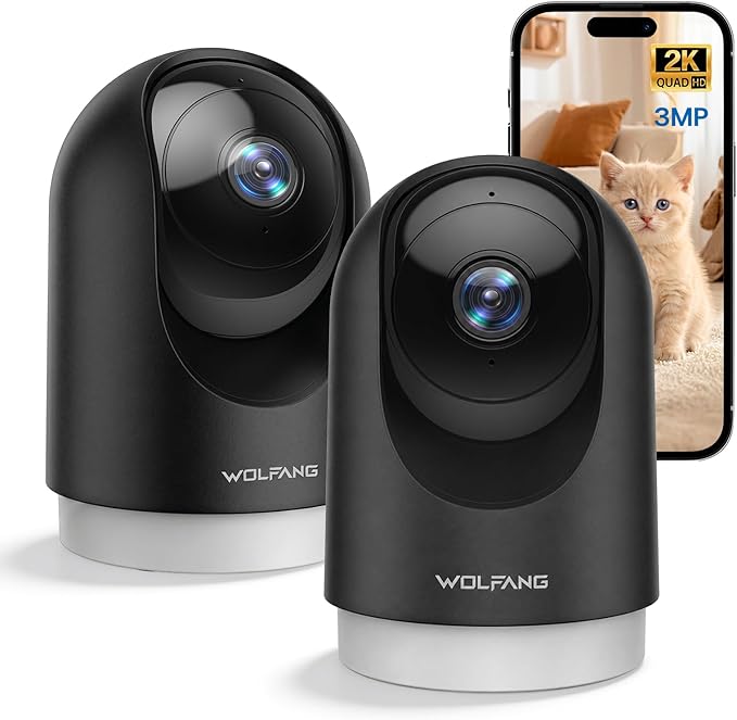 WOLFANG Kamera Wewnętrzna 2K, Kamera WiFi do Domu z Funkcją Obrotu 360° PTZ, Automatycznym Śledzeniem i Trybem Nocnym, Kamera dla Psa z Dwukierunkowym Audio, Kompatybilna z Alexa, Zestaw 2 Szt