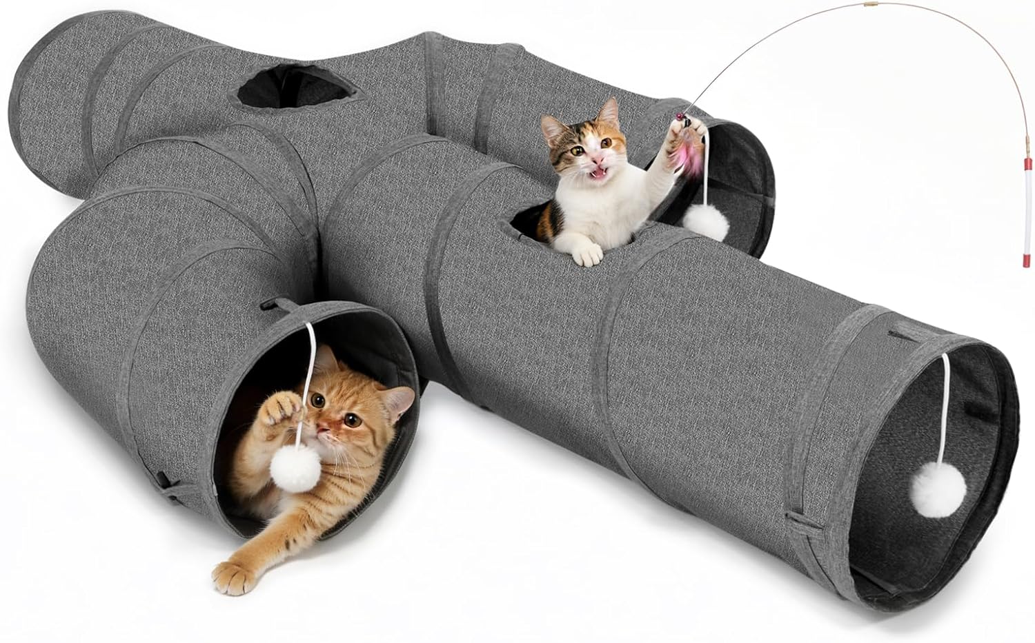 Ownpets Tunel dla kota, tunel dla zwierząt domowych w kształcie kaktusa z solidną tkaniną Oxford, składany i odporny na rozdarcie, z wieloma wyjściami, wiszącą kulką i różdżką, średnica 25 cm - obrazek 3