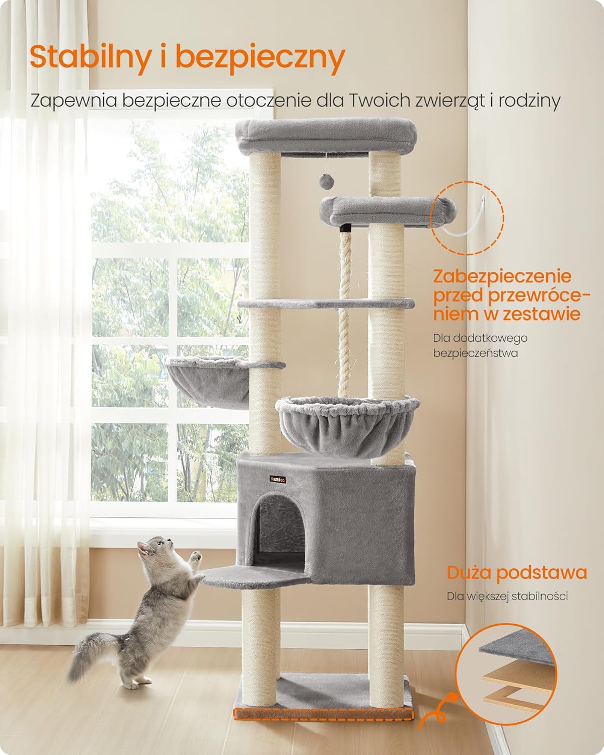 Feandrea Drzewko dla kota, duże, wielopiętrowe, XXL, 55 x 55 x 186,7 cm, słupki sizalowe o średnicy 11 cm, dla kotów rasy Maine Coon, w kolorze gołębiej szarości i kremowej bieli PCT008G01 - obrazek 7