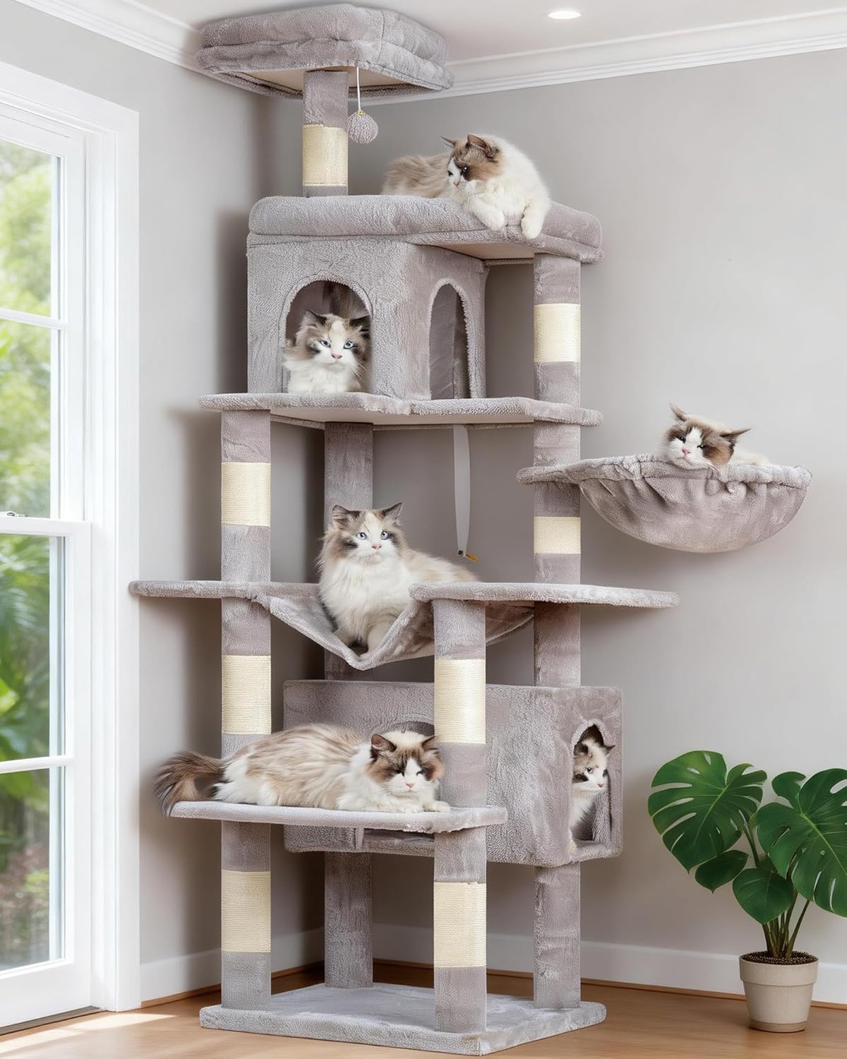 Heybly Cat Tree, 178 cm Wysokości, Drapak Dla Kotów Domowych, Drapak Dla Kota Z 8 Drapakami, 2 Jaskiniami, 2 Platformami, Hamakiem, Koszem, Pluszowym Baldachimem, Szary Dym HCT036G - obrazek 4