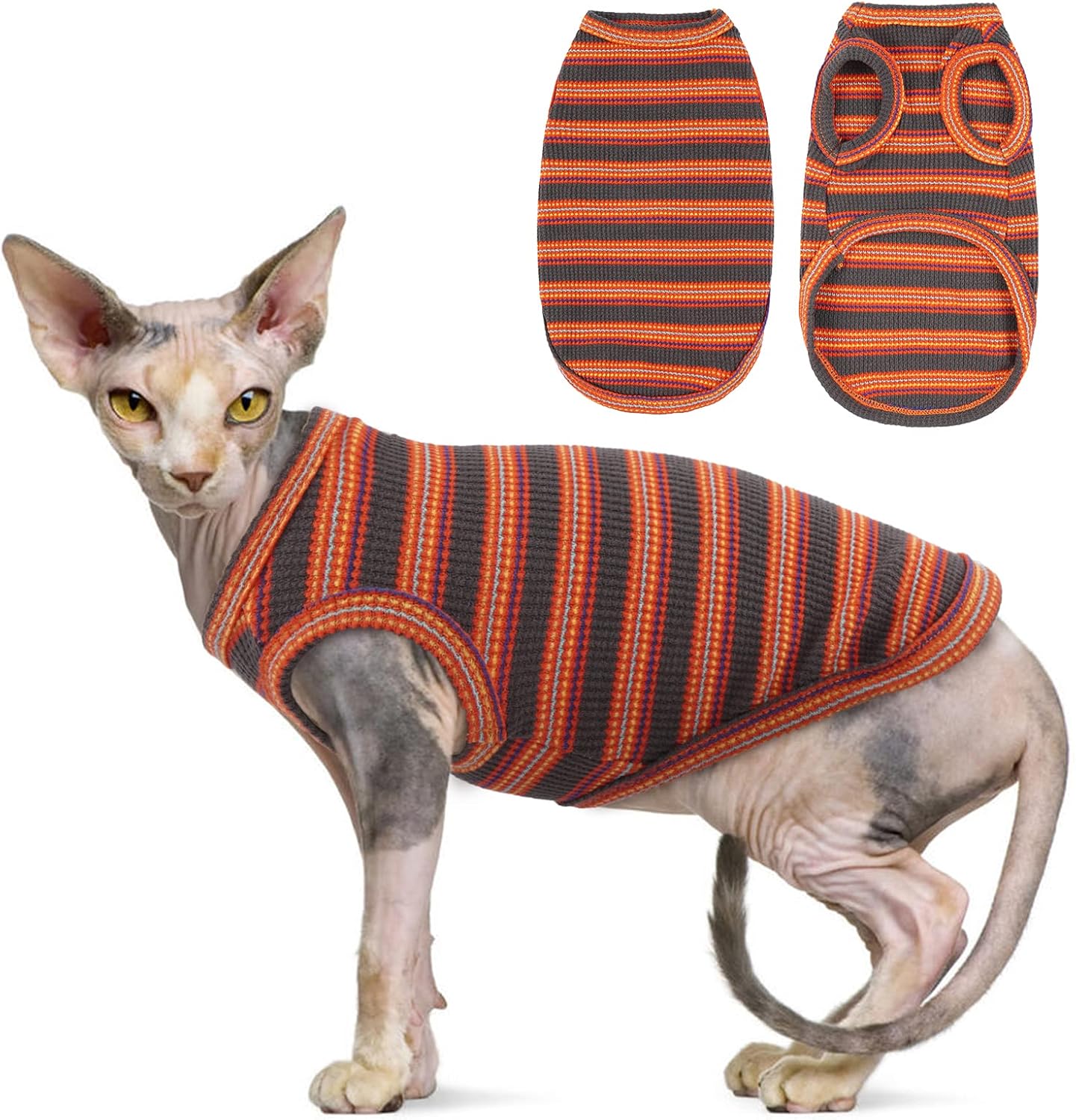 Sphynx Ubranie dla Kota, Oddychające Bezwłose Koszule z Kotami, W Paski, Koszulka Bez Rękawów, Sweter z Kotem, Odzież dla Zwierząt Domowych, Cornish Rex - obrazek 4