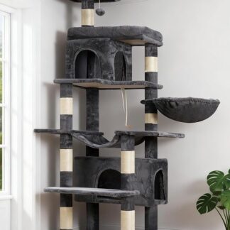 Heybly Cat Tree, 178 cm Wysokości, Drapak Dla Kotów Domowych, Drapak Dla Kota Z 8 Drapakami, 2 Jaskiniami, 2 Platformami, Hamakiem, Koszem, Pluszowym Baldachimem, Szary Dym HCT036G