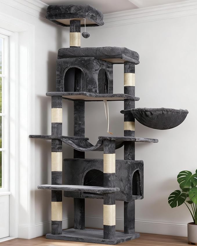 Heybly Cat Tree, 178 cm Wysokości, Drapak Dla Kotów Domowych, Drapak Dla Kota Z 8 Drapakami, 2 Jaskiniami, 2 Platformami, Hamakiem, Koszem, Pluszowym Baldachimem, Szary Dym HCT036G