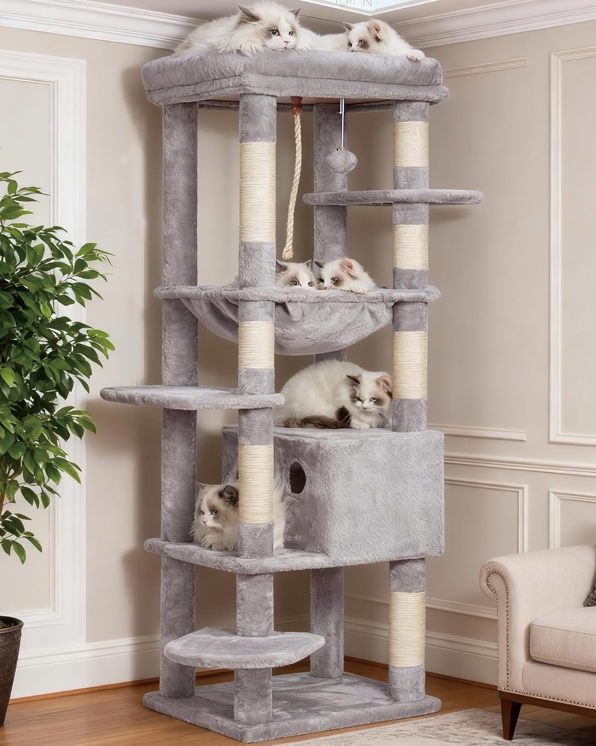 Heybly Scratch Post, Z Kocem, Dla Dużego Kota, Drzewko Dla Kota, Duże Platformy, Jaskinia, 50 x 50 x 153 cm, Beżowy HCT050M - obrazek 3