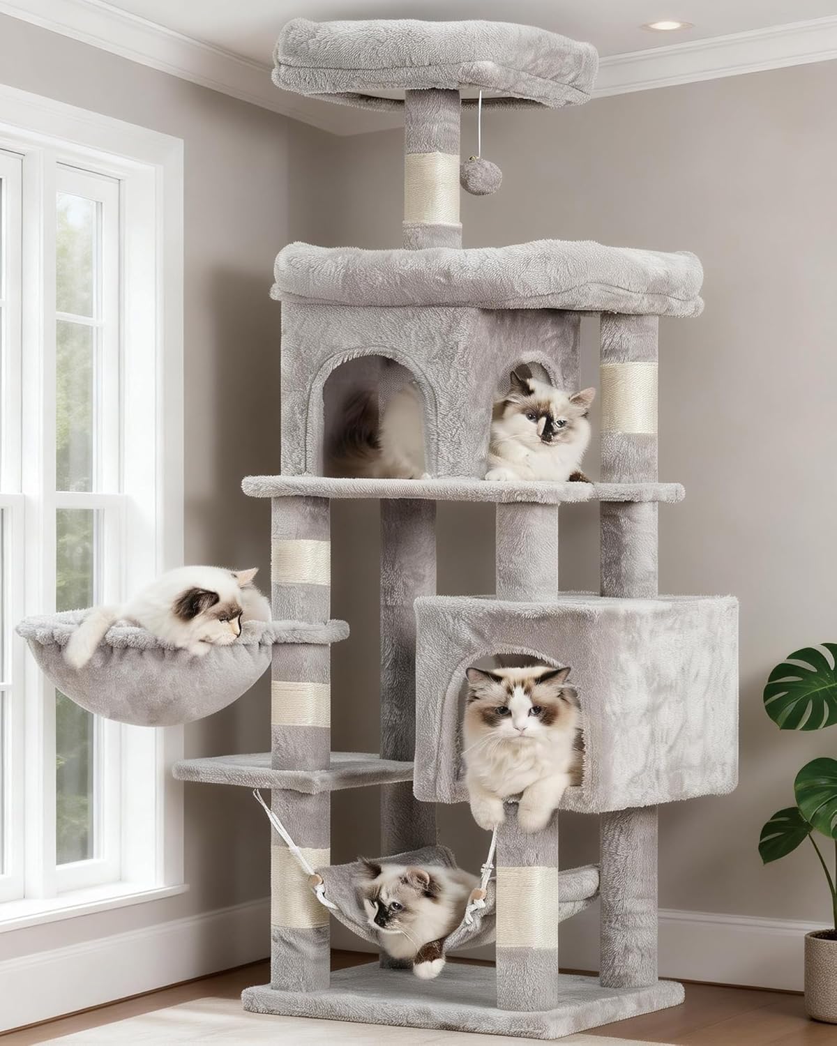 Heybly Cat Tree, 178 cm Wysokości, Drapak Dla Kotów Domowych, Drapak Dla Kota Z 8 Drapakami, 2 Jaskiniami, 2 Platformami, Hamakiem, Koszem, Pluszowym Baldachimem, Szary Dym HCT036G - obrazek 3
