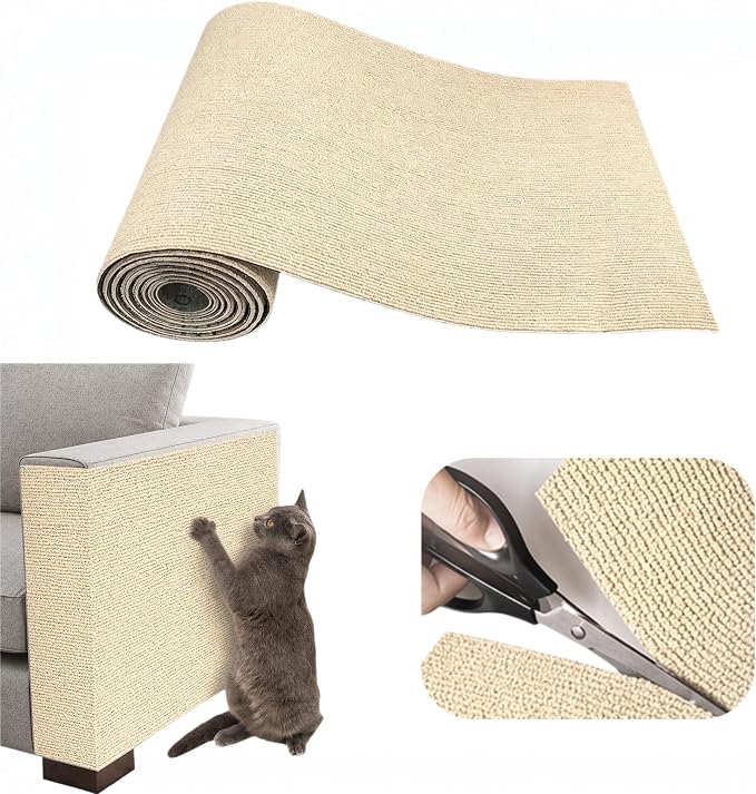Samoprzylepna mata do drapania, 300 x 40 cm, ochrona przed zadrapaniami dla kotów, ochrona przed zadrapaniami dla kotów, drewniana rączka, ściany wieży dla kotów, khaki
