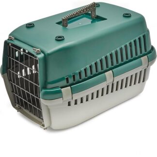 HAPPET Transporter Oggy M 54×38×33 cm – Zielony Plastikowy Transporter Dla Kota I Średniego Psa, Metalowa Kratka, Wentylacja, Uchwyt, Zaczepy Do Pasów, Lekki I Łatwy W Czyszczeniu