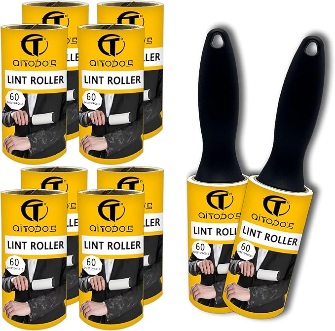 AiTodos® Rolka do Sierści Zwierząt – Zestaw 10 Rolek (600 Arkuszy) + 2 Uchwyty | Ekstra Lepki Wałek do Kłaczków dla Psów i Kotów | Do Ubrań, Mebli, Dywanów i Foteli Samochodowych