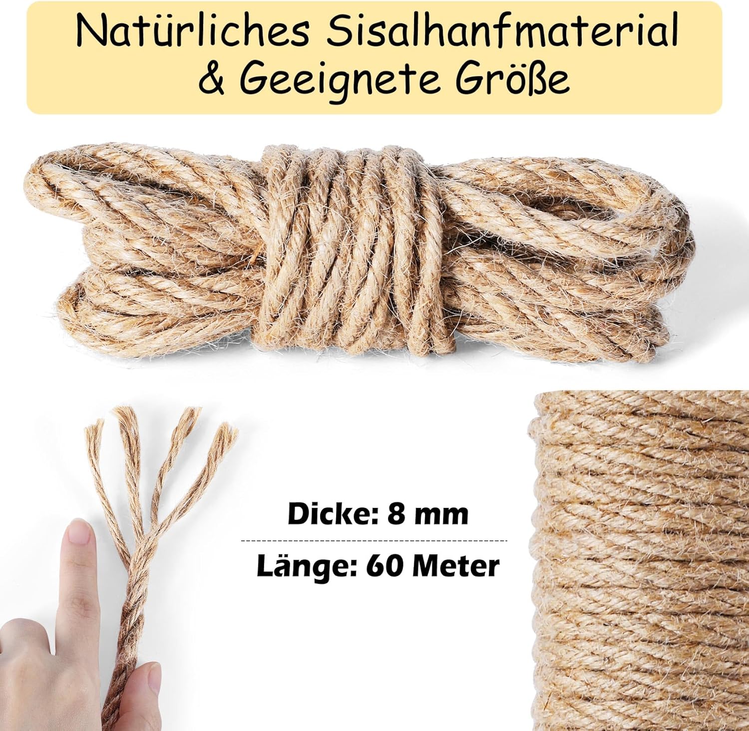Lina sizalowa 60 m, 8 mm, naturalna linka sizalowa do drapaka, sizalowa, zamiennik dla kotów, linka do drapania, do gospodarstwa domowego, opakowania, rzemiosła artystycznego DIY, florystyka - obrazek 5