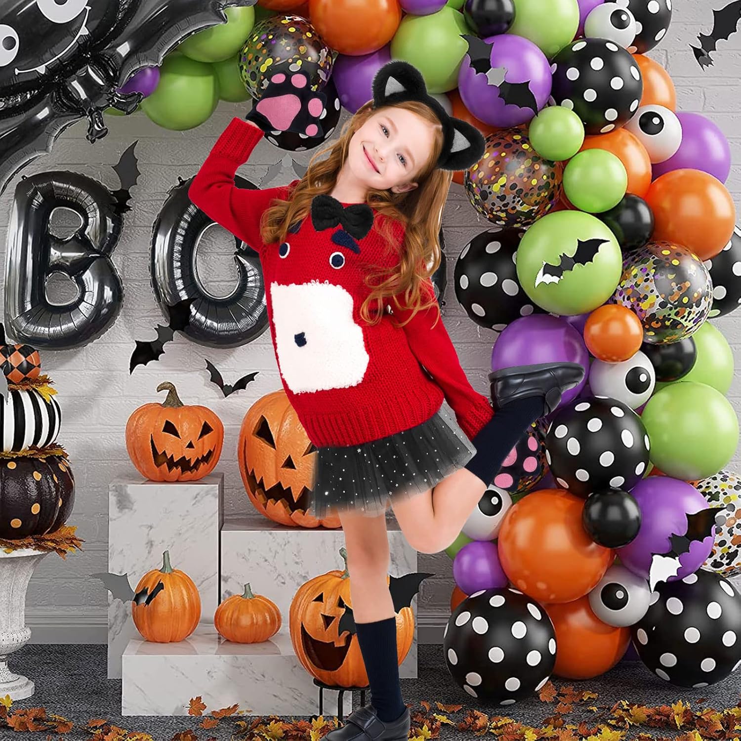 TSHAOUN Zestaw kostiumowy kot, sukienka zwierzęca, cosplay, kocie uszy, opaska na czoło, kocie, uszy, kołnierz, łapy, rękawiczki, czarna tutu, na Halloween, karnawał, karnawał - obrazek 7