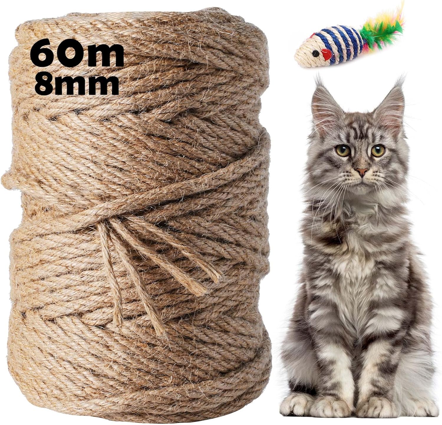 Lina sizalowa 60 m, 8 mm, naturalna linka sizalowa do drapaka, sizalowa, zamiennik dla kotów, linka do drapania, do gospodarstwa domowego, opakowania, rzemiosła artystycznego DIY, florystyka - obrazek 2