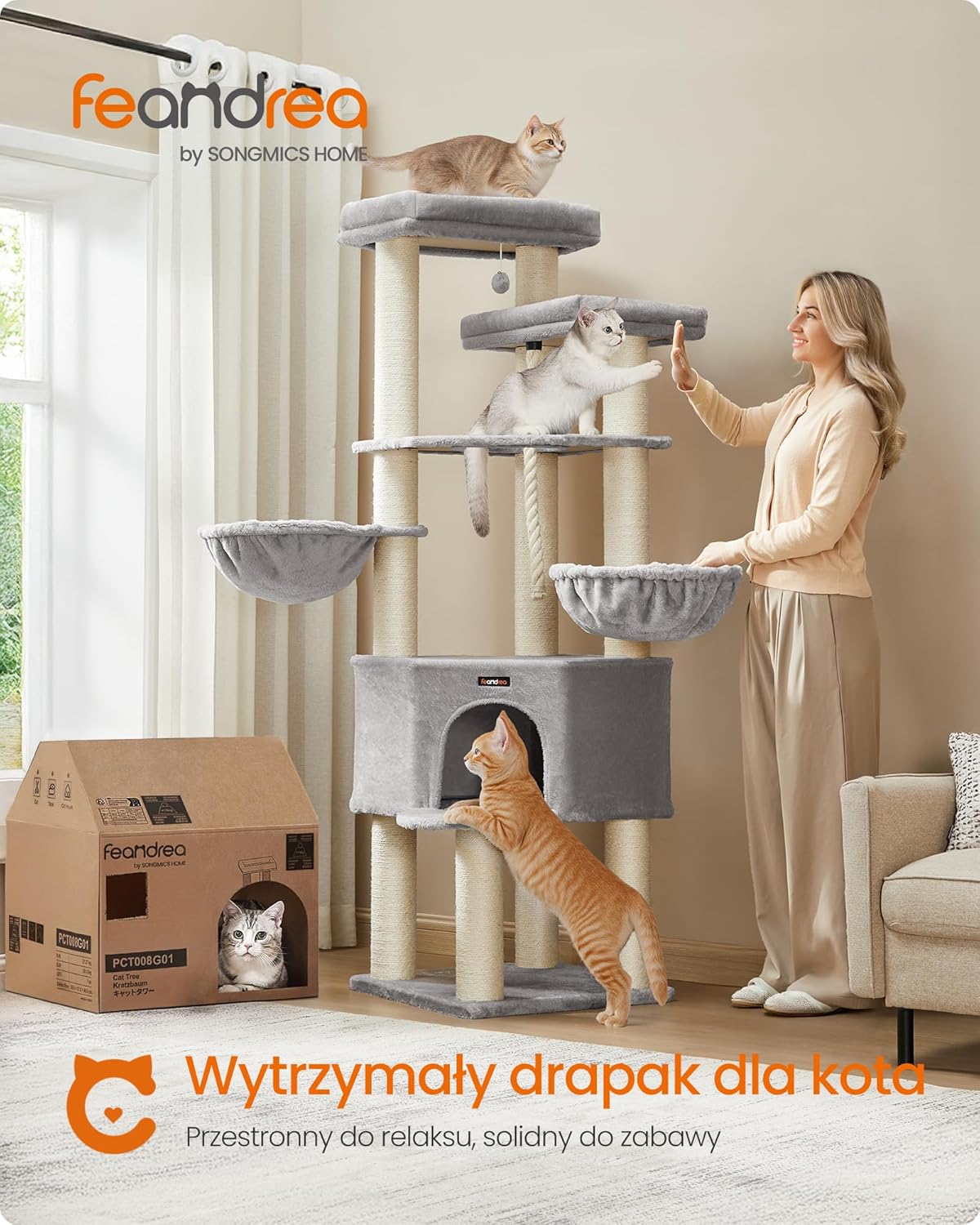 Feandrea Drzewko dla kota, duże, wielopiętrowe, XXL, 55 x 55 x 186,7 cm, słupki sizalowe o średnicy 11 cm, dla kotów rasy Maine Coon, w kolorze gołębiej szarości i kremowej bieli PCT008G01 - obrazek 3