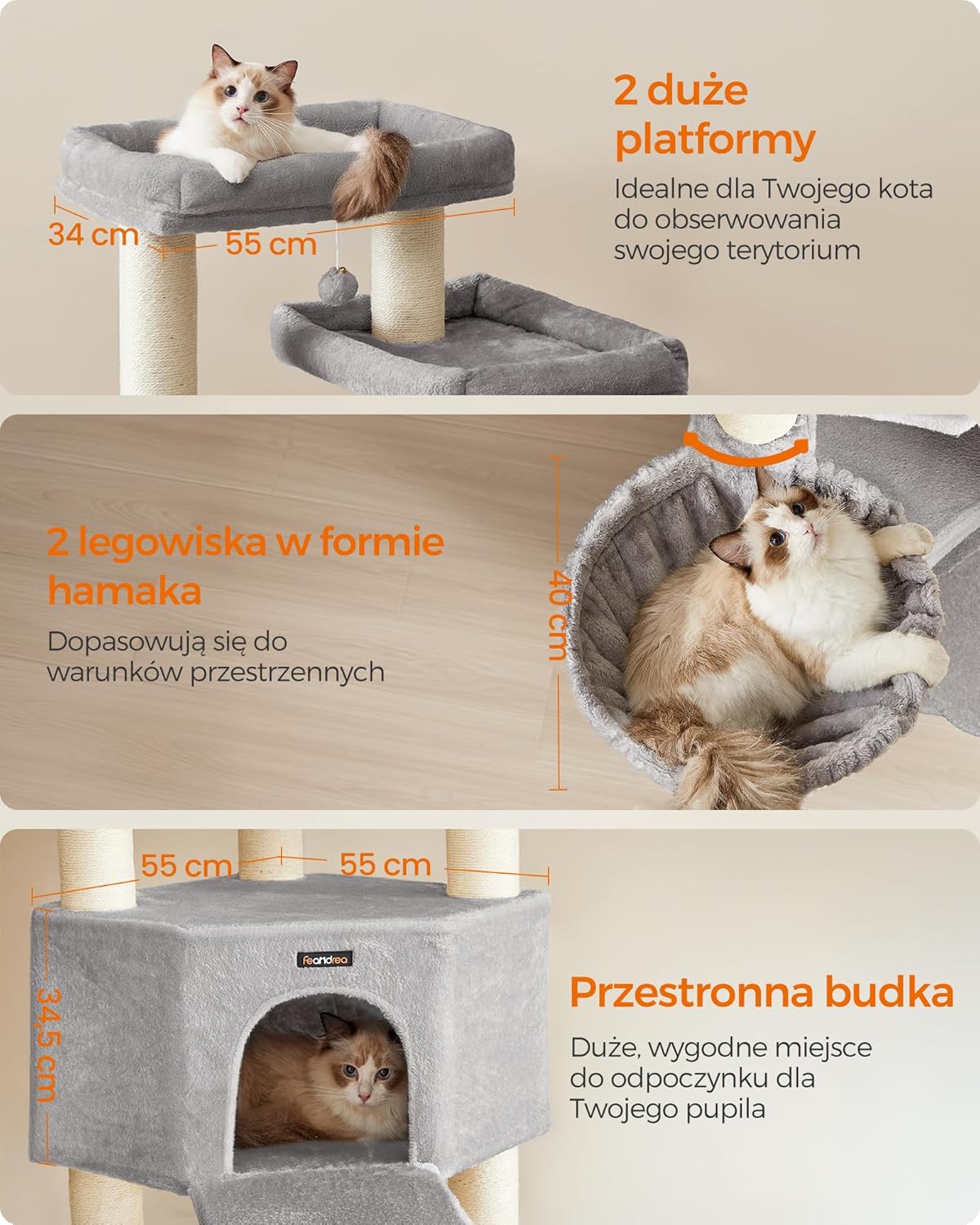 Feandrea Drzewko dla kota, duże, wielopiętrowe, XXL, 55 x 55 x 186,7 cm, słupki sizalowe o średnicy 11 cm, dla kotów rasy Maine Coon, w kolorze gołębiej szarości i kremowej bieli PCT008G01 - obrazek 5