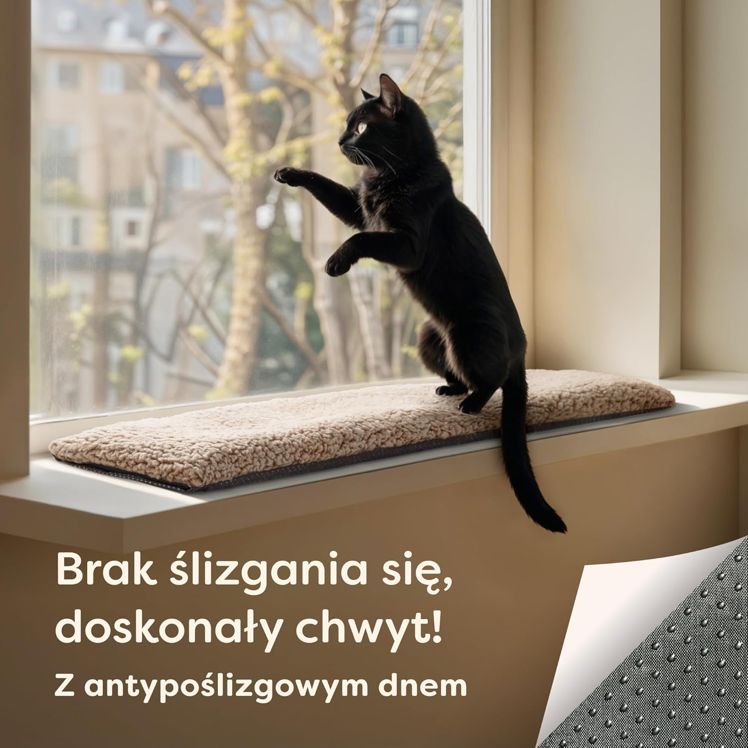 Legowisko Na Okno Dla Kota 90 Cm - Mata Samonagrzewająca Się - Antypoślizgowa Do Dużych I Małych Okien - Miękki I Przytulny Hamak - Pokrowiec Z Możliwością Prania (Brązowy) - obrazek 5